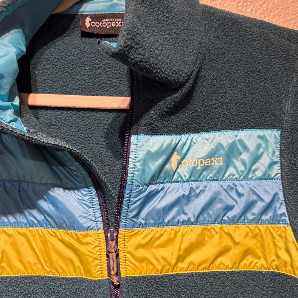 Cotopaxi Women's Teal Jacket with Blue and Yellow Stripes - Picture 3 of 7